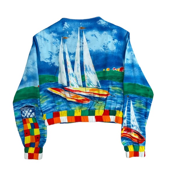 Breeze by Dorothy Schoelen colorful nautical all over print zip up crop jacket S - Picture 5 of 6